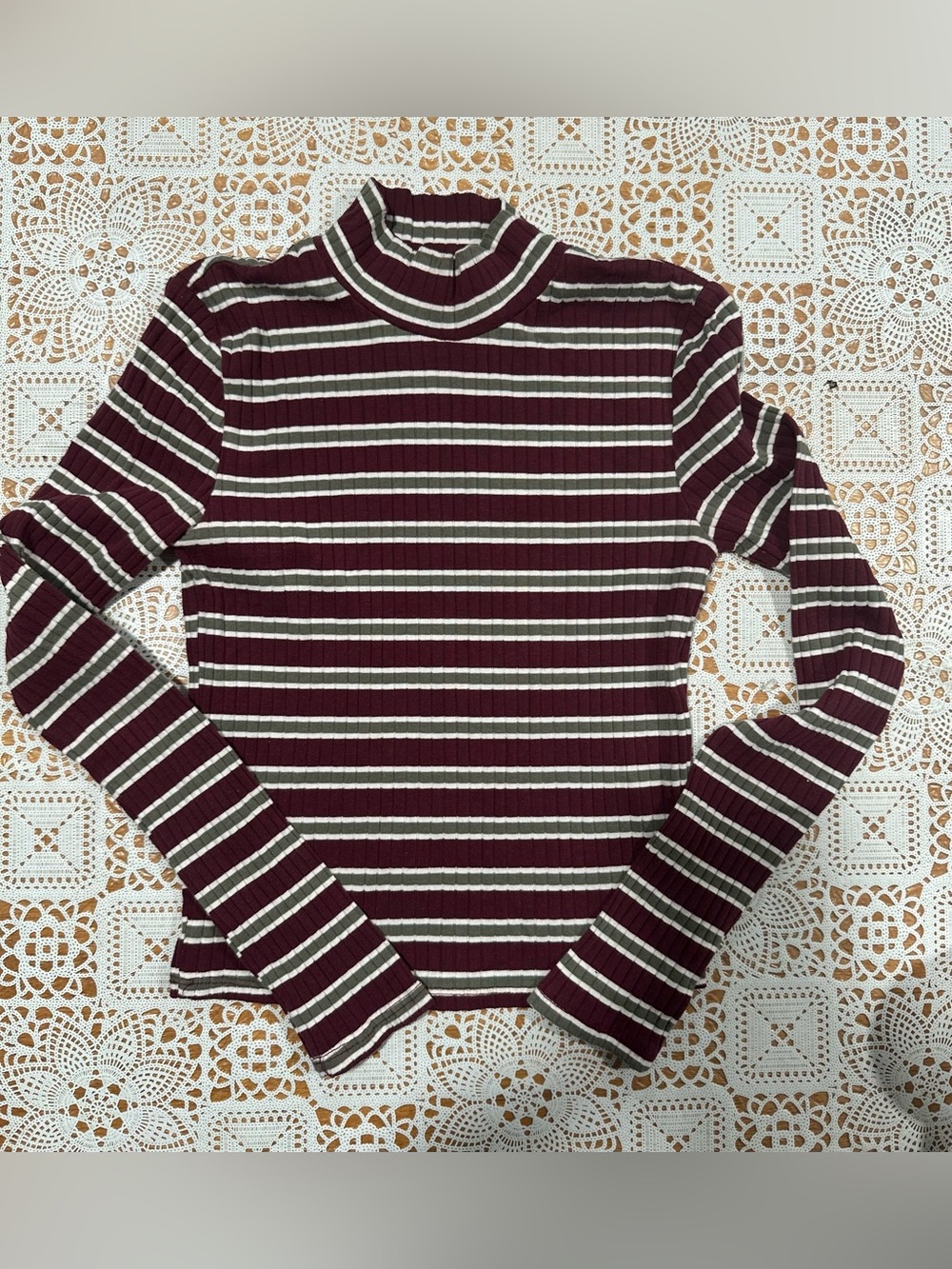 Hippie Rose Small Burgundy Striped Ribbed Mock Neck Y2K Long Sleeve Top